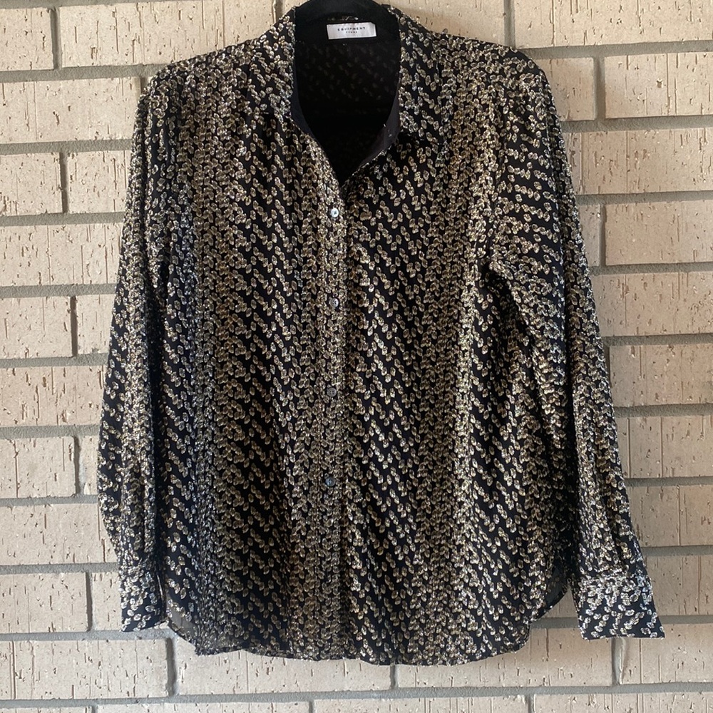 Equipment Womens Metallic Black Gold Button Up Long Sleeve Blouse Size Medium